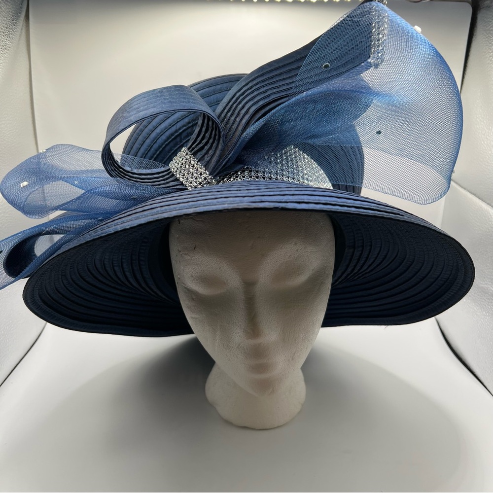 Chic Women's Navy Church, Derby Hat with Rhinestone Embellishments